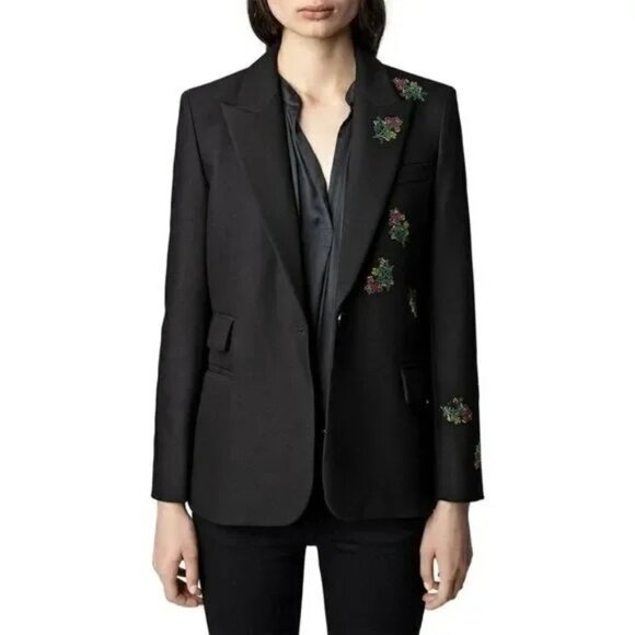 Zadig Voltaire Womens Blazer Size 34 Black Venus Strass Floral Casual - Picture 12 of 14